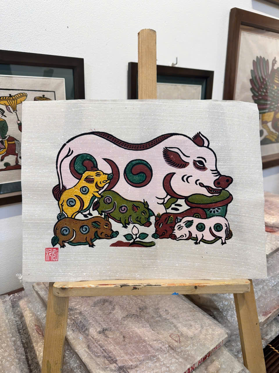 Dan Lon Am Duong – Familia de cerdos Yin-Yang | Arte folclórico tradicional Dong Ho