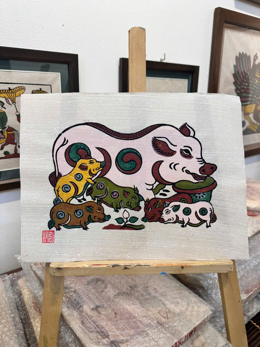 Dan Lon Am Duong – Familia de cerdos Yin-Yang | Arte folclórico tradicional Dong Ho