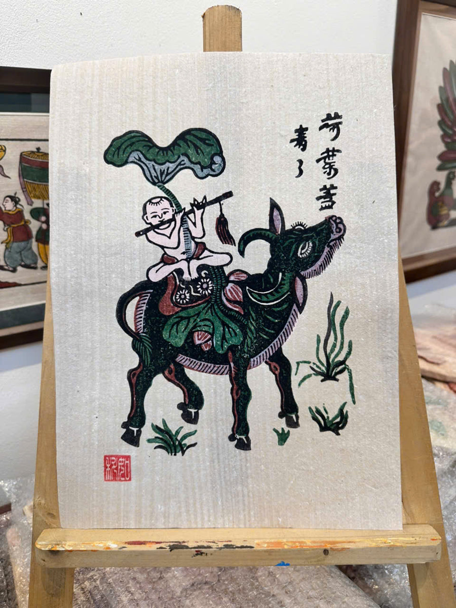 Muchacho con búfalo tocando la flauta | Arte folclórico tradicional Dong Ho