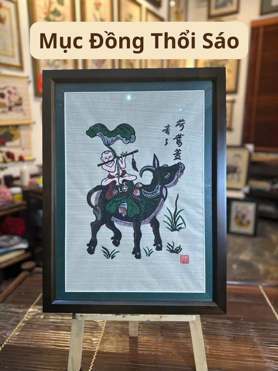 Muchacho con búfalo tocando la flauta | Arte folclórico tradicional Dong Ho